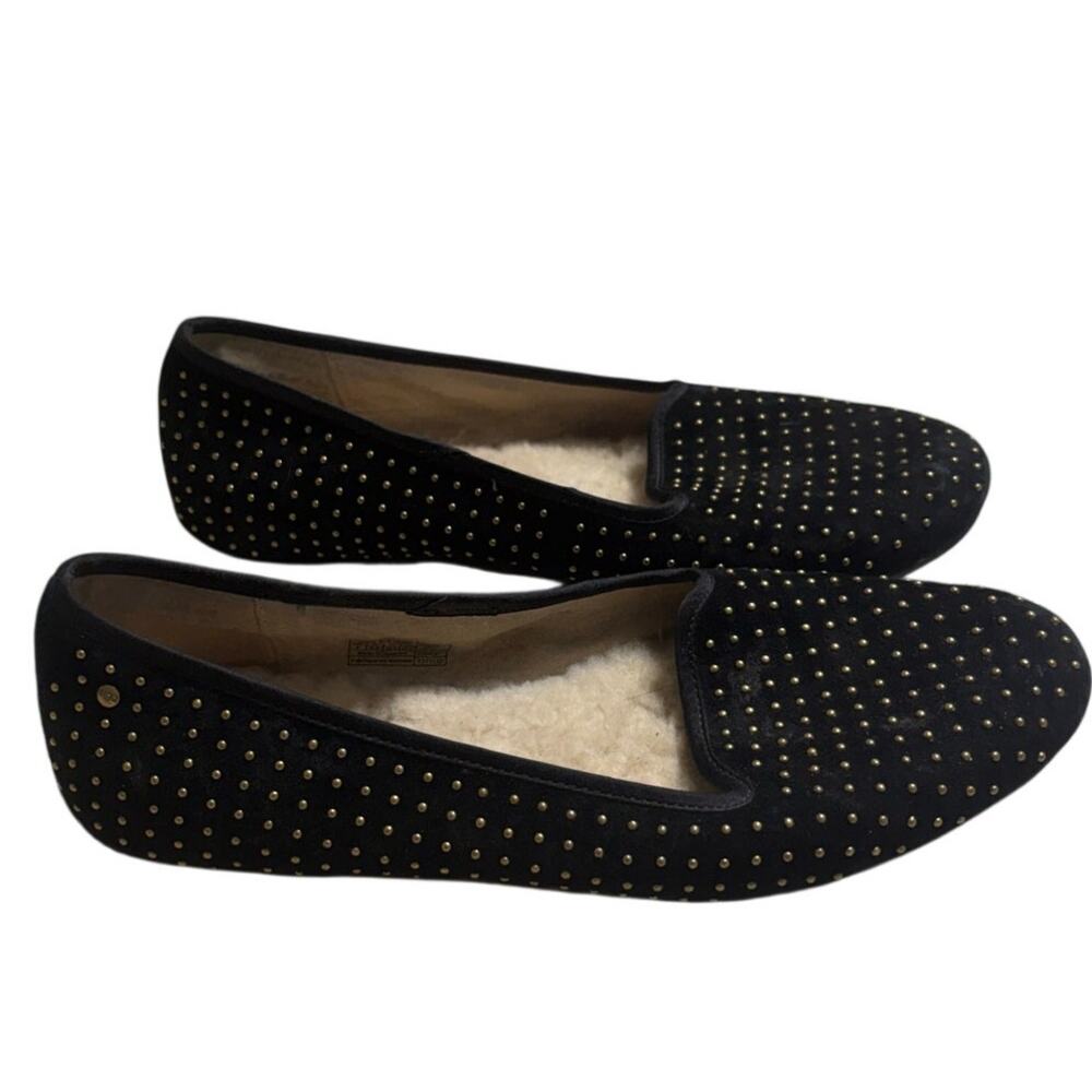 Ugg Alloway Gold Studded Flats Women's Size 8 Black Suede Shearling Cozy Comfort